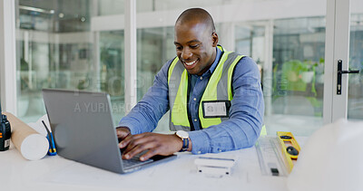 Buy stock photo Laptop, smile and a black man construction worker in an office for planning a building project. Computer, typing and a happy young engineer in the workplace for research as a maintenance contractor