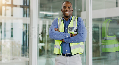 Buy stock photo Black man, and arms crossing with reflector, real estate development and property design or career. Portrait, architecture and engineering professional in office, confident and project management