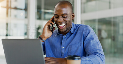 Buy stock photo Happy black man, phone call and laughing for funny joke, conversation or humor at office. African businessman smile, talking or mobile smartphone for fun business discussion or proposal at workplace