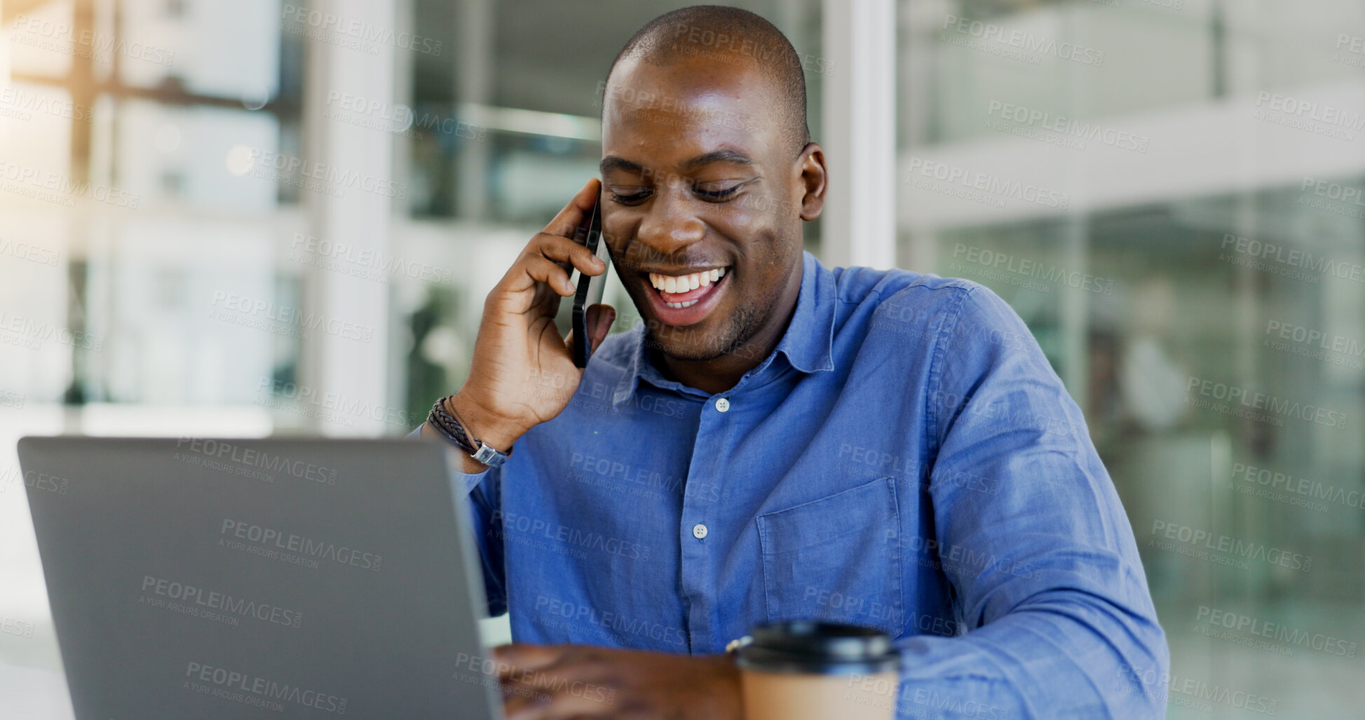 Buy stock photo Happy black man, phone call and laughing for funny joke, conversation or humor at office. African businessman smile, talking or mobile smartphone for fun business discussion or proposal at workplace