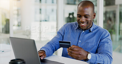 Buy stock photo Laptop, office administration and happy black man typing finance report, online banking review or financial accounting.
