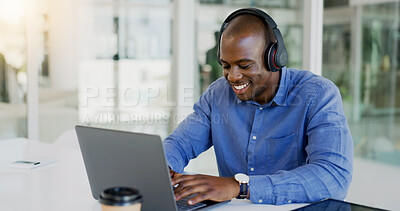Buy stock photo Office laptop, dance music and black man listening to dancing song, wellness audio podcast or fun radio sound. African dancer, streaming and happy person working on report, project or online data