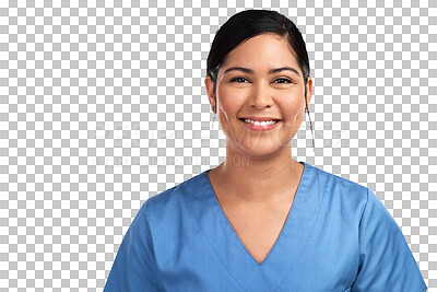 Buy stock photo Confidence, healthcare and portrait of a happy female doctor, nurse or surgeon in scrubs. Smile, professional and face of a young Mexican woman medical worker isolated by a transparent png background