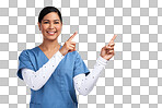 PNG portrait of a young doctor wearing scrubs and pointing to her left 
