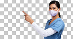 PNG Portrait of a young doctor wearing a surgical face mask and pointing to her right 