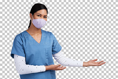 Buy stock photo PNG of young doctor wearing a surgical face mask and gesturing to her left 