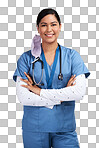 PNG portrait of a young doctor folding her arms and wearing a stethoscope 
