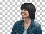 PNG studio shot of a senior woman looking thoughtful against a grey background