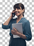 PNG of Studio shot of a senior woman talking on a cellphone while holding a digital tablet