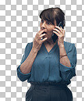 PNG studio shot of a senior woman looking shocked while talking on a cellphone against a grey background