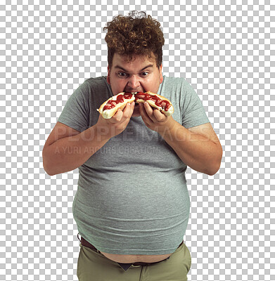 PNG of Studio shot of an overweight man eating two hotdogs at once