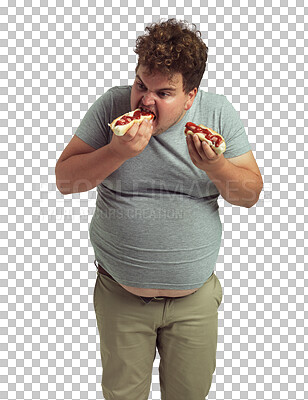 PNG Studio shot of an overweight man eating two hotdogs at once