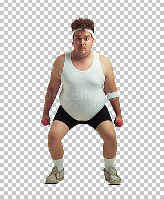 Buy stock photo Squat, dumbbells and portrait of plus size man on isolated, png and transparent background for humour. Sports, fitness and funny male person ready for training, exercise and workout for weight loss