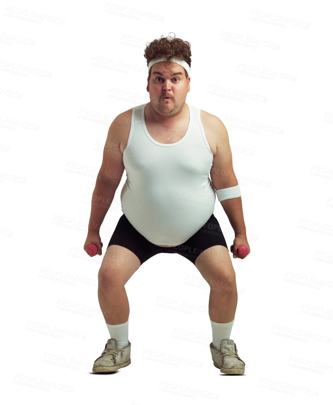 Buy stock photo Squat, dumbbells and portrait of plus size man on isolated, png and transparent background for humour. Sports, fitness and funny male person ready for training, exercise and workout for weight loss