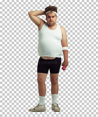 PNG of an overweight man feeling the after effects of a gym session.