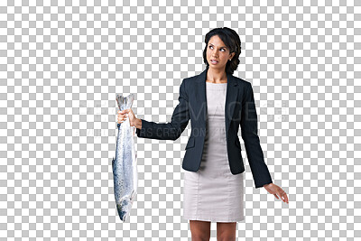 Buy stock photo PNG Studio shot of a businesswoman holding a dead fish 