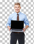 PNG  handsome young businessman holding a laptop open 