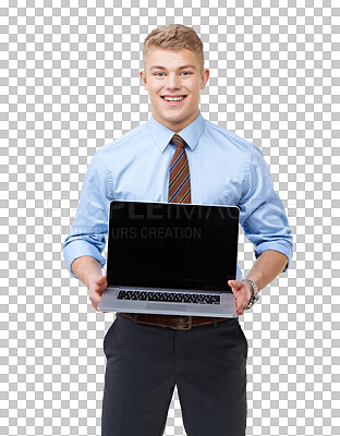 Buy stock photo PNG  handsome young businessman holding a laptop open for you while isolated on white