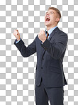 PNG A young businessman screaming at the sky 