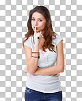 PNG of Portrait of a pretty young woman with her finger to her lips