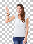 PNG  young woman looking up while pointing at copyspace