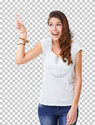 PNG young woman looking up while pointing at copyspace