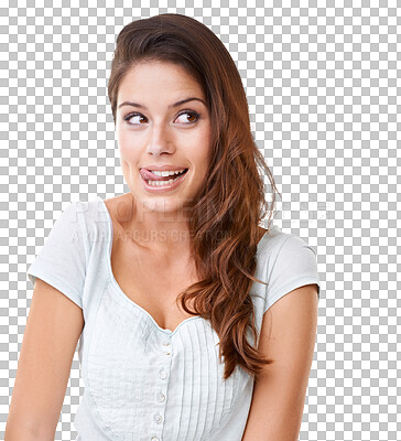 Buy stock photo Face, woman licking her lips and isolated against a transparent png background for funny facial expression. Comic or comedy, thinking or idea and female person with humor or joke for entertainment