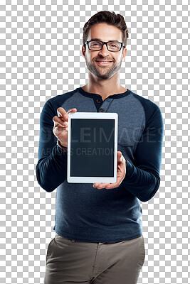 Buy stock photo PNG Studio portrait of a handsome young man holding a digital tablet with a blank screen