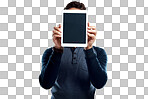 PNG Studio shot of a young man holding a digital tablet with a blank screen