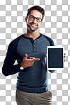PNG Studio portrait of a handsome young man holding a digital tablet with a blank screen 