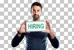 PNG of Studio portrait of a handsome young man holding a hiring sign 