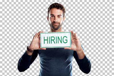 Buy stock photo PNG of Studio portrait of a handsome young man holding a hiring sign 