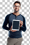 PNG Studio portrait of a handsome young man holding a digital tablet with a blank screen 