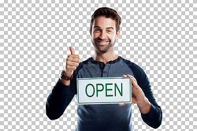 Buy stock photo PNG of Studio portrait of a handsome young man holding an open sign 