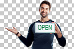 PNG of Studio portrait of a handsome young man holding an open sign 