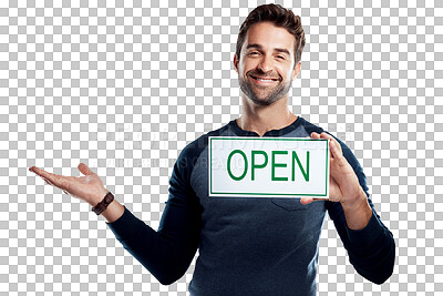 Buy stock photo PNG of Studio portrait of a handsome young man holding an open sign 