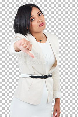 Buy stock photo PNG Studio shot of a young businesswoman showing a thumbs down gesture 