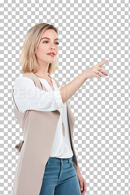 Buy stock photo PNG Studio shot of a young woman pointing