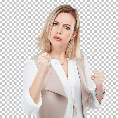 Buy stock photo PNG Studio shot of a young woman holding her fists up for a fight 