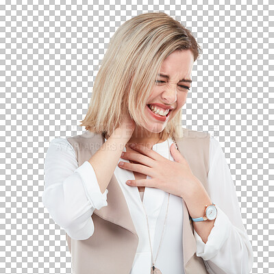 Buy stock photo PNG Studio shot of a young woman experiencing neck pain 