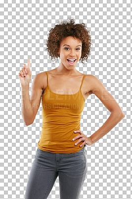 Buy stock photo PNG Studio shot of an attractive young woman pointing towards something