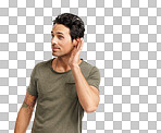 PNG of a  handsome young man cupping his hand behind his ear to hear better