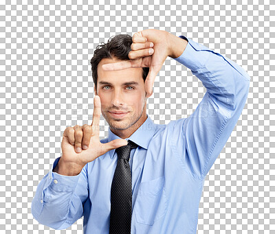 Buy stock photo A handsome businessman making a frame with his fingers