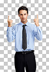 A serious young businessman pointing upwards while looking at you  isolated on a png background.