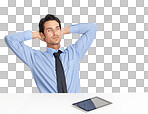 A handsome businessman sitting at his desk with a tablet isolated on a png background