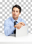 A handsome businessman sitting at his desk with a tablet isolated on a png background