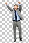  a handsome businessman standing alone in the studio and celebrating isolated on a png background