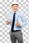  a handsome contractor standing alone in the studio and holding blueprints isolated on a png background