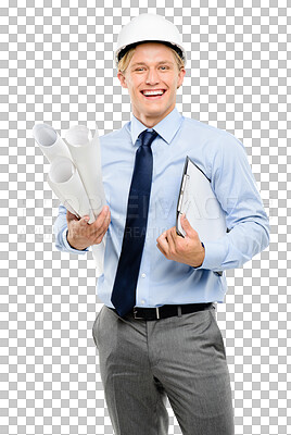 Buy stock photo  a handsome contractor standing alone in the studio and holding blueprints isolated on a png background