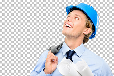 Buy stock photo a handsome contractor standing alone in the studio and looking contemplative while holding blueprints isolated on a png background
